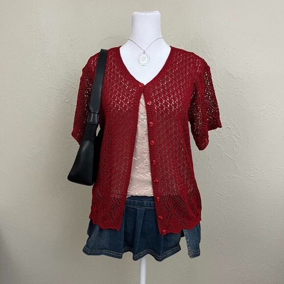 vintage 90s red girly downtown it girl netted short sleeve cardigan - Picture 8 of 8